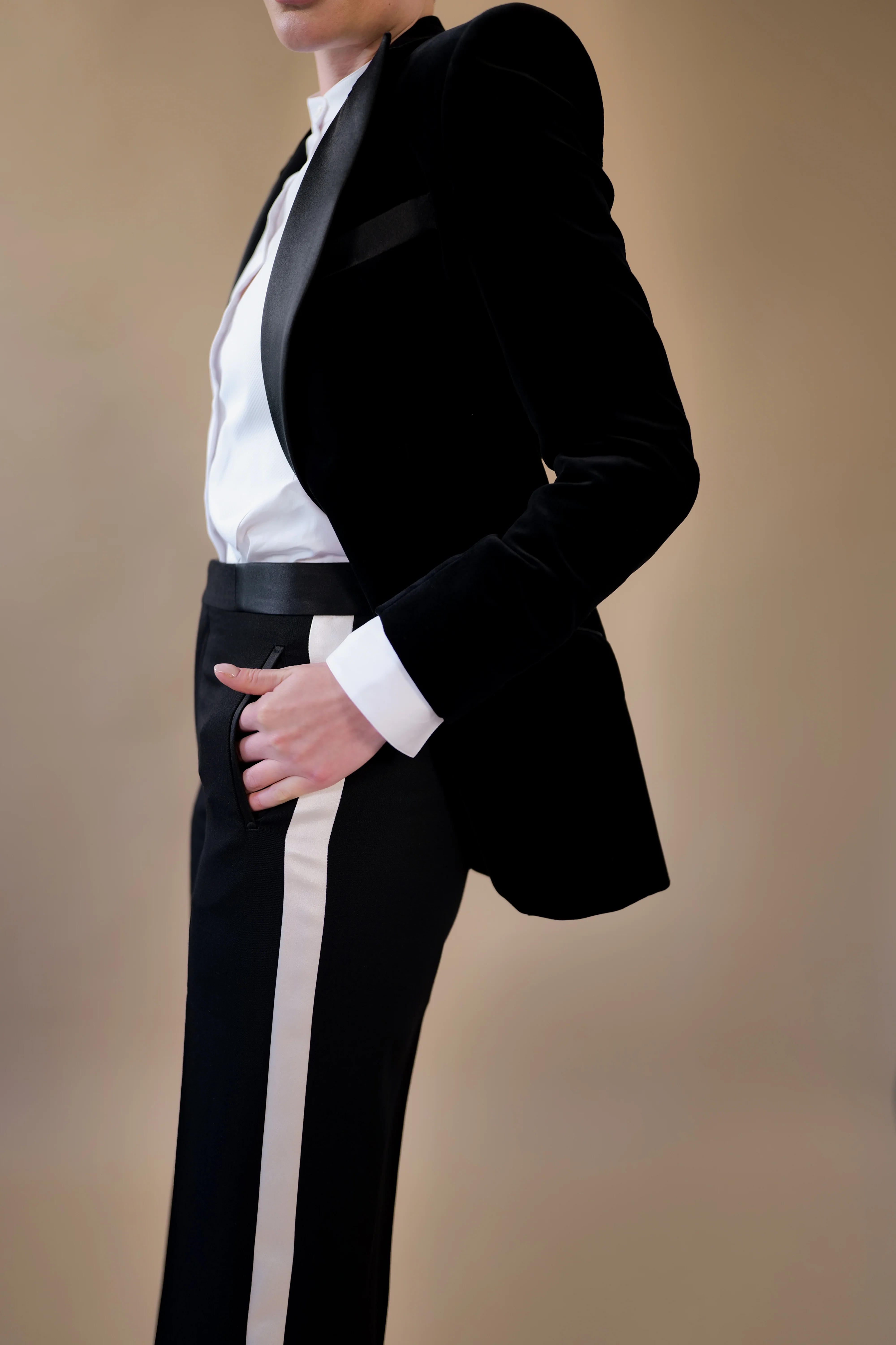 Straight Leg Trouser with Silk Satin Tuxedo Stripe in Barathea - Image 6